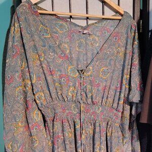 Boemo long dress from Anthropologie XL paisley front ties Boho flutter sleeves